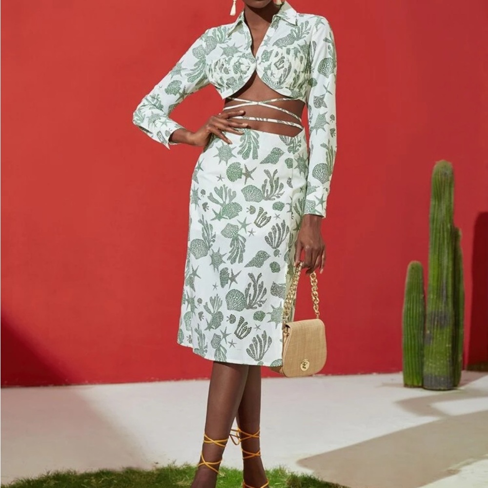 Elegant Green Patterned top and Skirt set